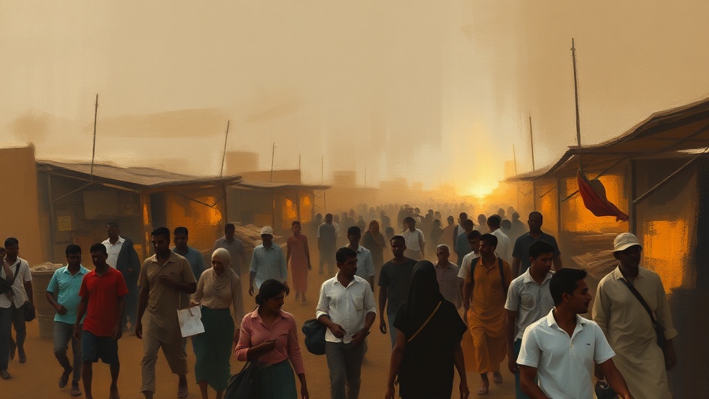A dark-cloaked figure pours sand into a merchant's palm in a crowded marketplace with uneven scales in the background.