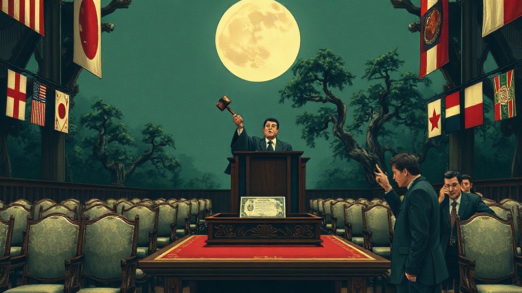 An auctioneer looks bewildered at a deserted bond auction; empty chairs draped in national flags surround the room, while a bidder points to a gold coin in their palm.
