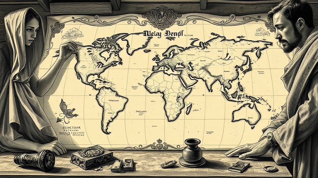A troubled cartographer erases a kingdom from a vellum world map, redrawing it as an archipelago. A gold-bar inkwell sits on the table beside a broken sealing-wax stamp.