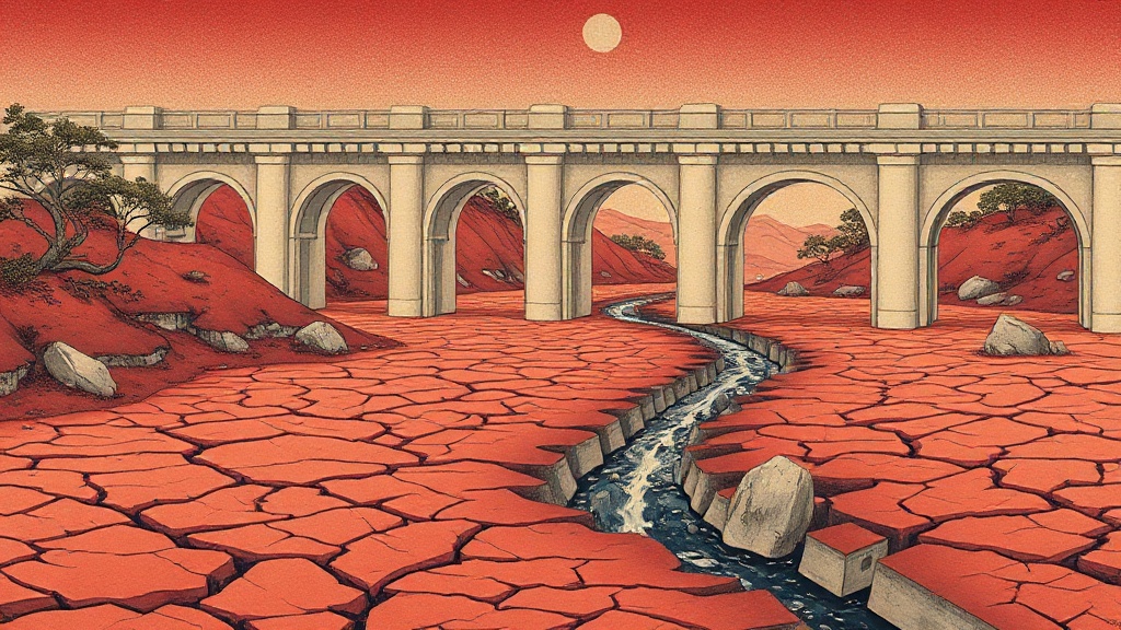 A grand stone aqueduct carries clear water across a dry riverbed, while a network of small, crumbling irrigation channels below dries up.
