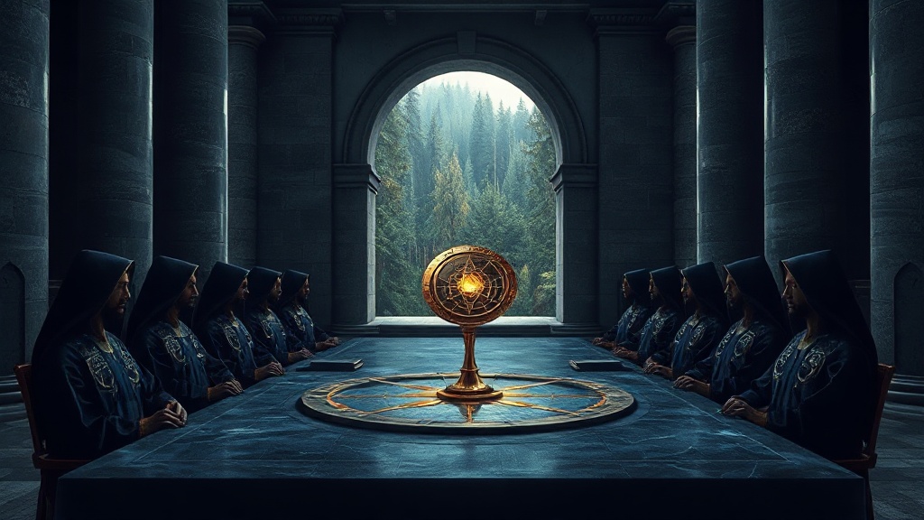 Robed magistrates in a marble hall inspect a glowing crystalline token hovering above an astrolabe, with a wild forest visible through a massive archway.