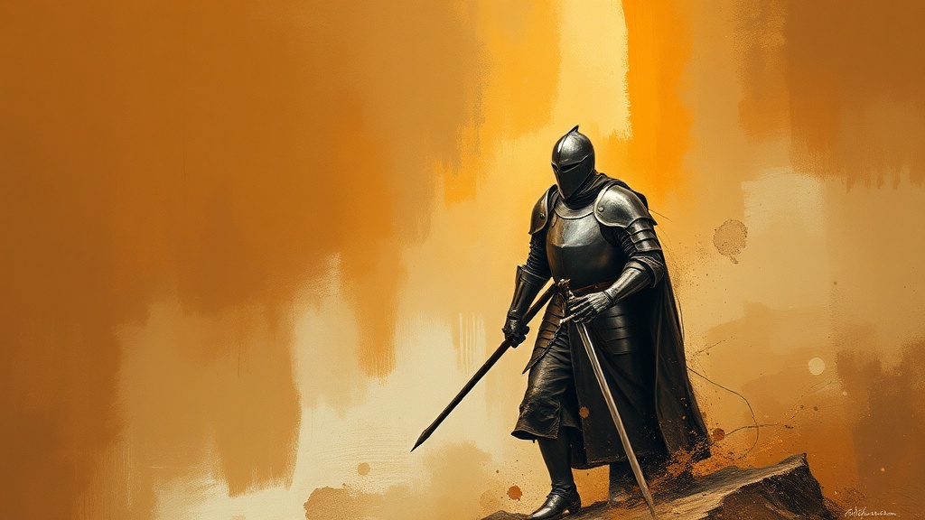 A knight guards a dark forest entrance, holding a shield with a glowing crystalline flower, a wilted flower on the ground.