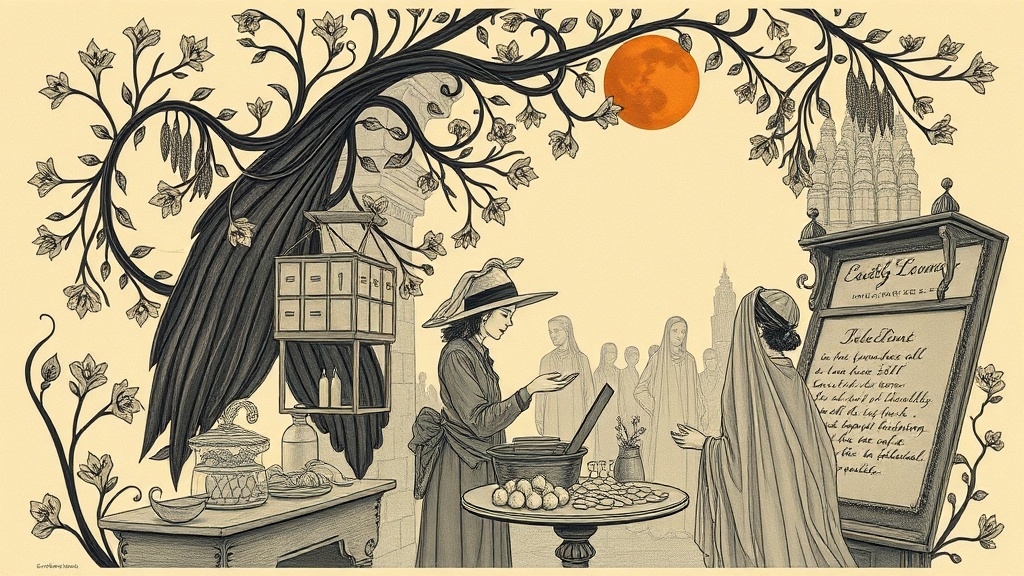 A merchant weighs gold against a heavy stone at a crowded crossroads market under a stormy sky, with soldiers and traders watching, symbolizing economic competition and conflict over rare earth consolidation.