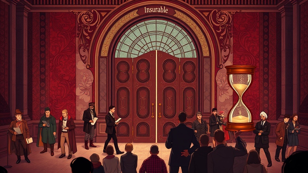 In a marble insurance hall, anxious merchants with ledgers pass through a guarded arch labeled “Insurable,” while a larger panicked crowd is turned away at a crumbling, unguarded gate by a faceless clerk holding an empty hourglass.