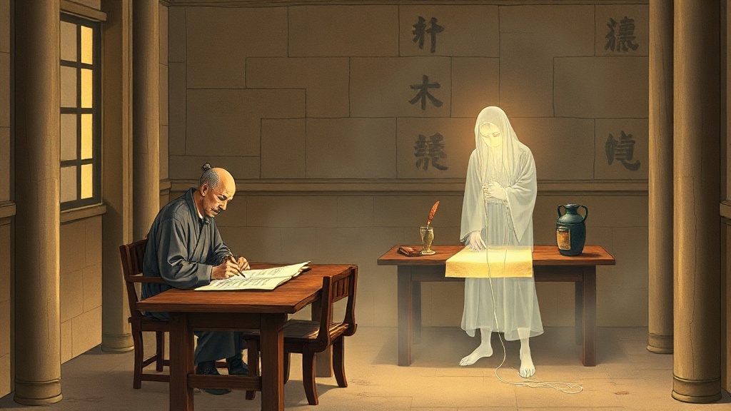 A medieval scribe slumps exhausted at his desk while a ghostly, luminous double of him writes furiously at a second desk, drawing ink from the original’s inkwell via a thin silver thread.