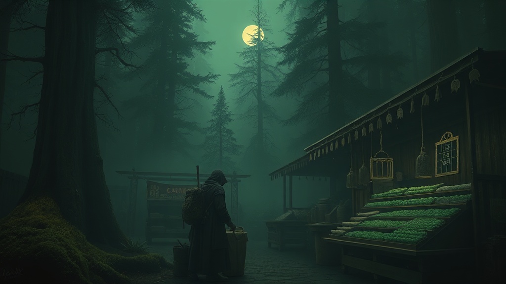 A merchant weighs gold coins at a crowded market, surrounded by unlabeled vials, while a rival merchant with sealed bottles watches grimly.