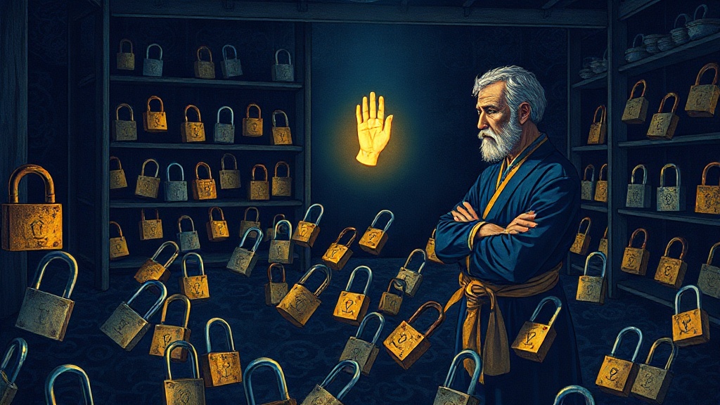 A glowing autonomous hand picks locks in a medieval workshop while a master locksmith watches with folded arms, symbolizing automated vulnerability exploitation.
