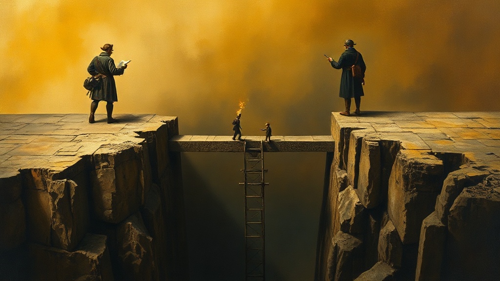Two rival cartographers on opposite cliffs sketch maps of the same territory while a stone bridge between them crumbles and scaffolding extends in opposite directions.