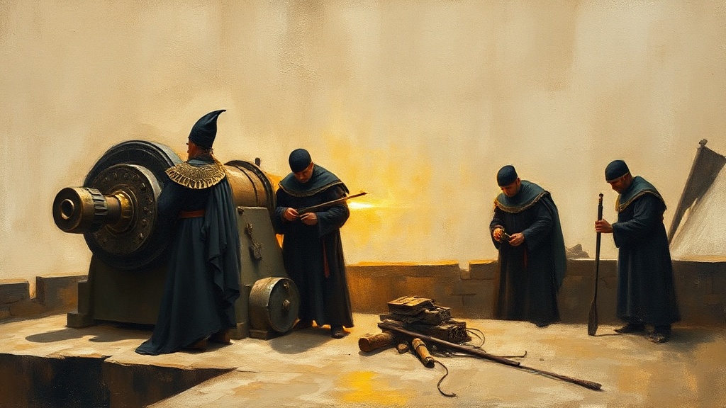 Gunners in old livery load gold coins into a bronze cannon on a fortress wall, while a sleek clipper ship with a biological tree hull sails toward them and the stone foundation cracks, symbolizing obsolete pharmaceutical defenses.