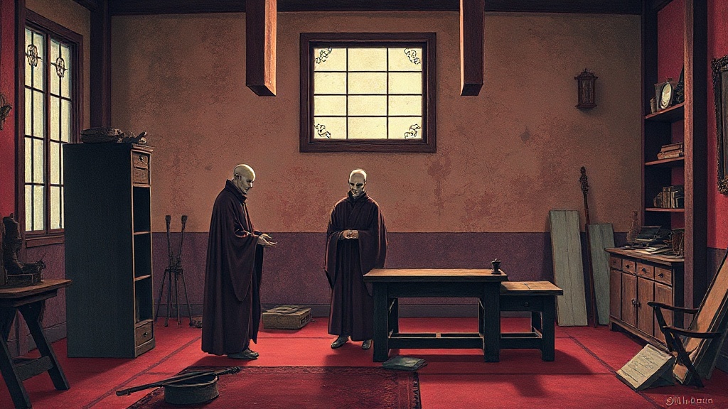 Three robed figures tune a worn cello with a tuning fork and new string, a golden note shimmering in the air, while a shattered tool labeled 'MYC' lies in a dark corner, representing the OSK cocktail's partial reprogramming.