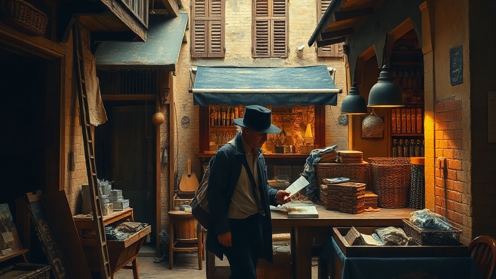 A hooded merchant balances a heavy dark stone against a small glowing magnet on a scale in a crowded lantern-lit marketplace.