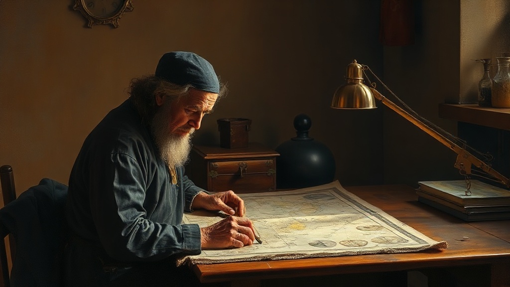 A cartographer hunches over an old map labeled 'Terra Incognita' with an empty inkwell, as lightning strikes a stormy sea outside.