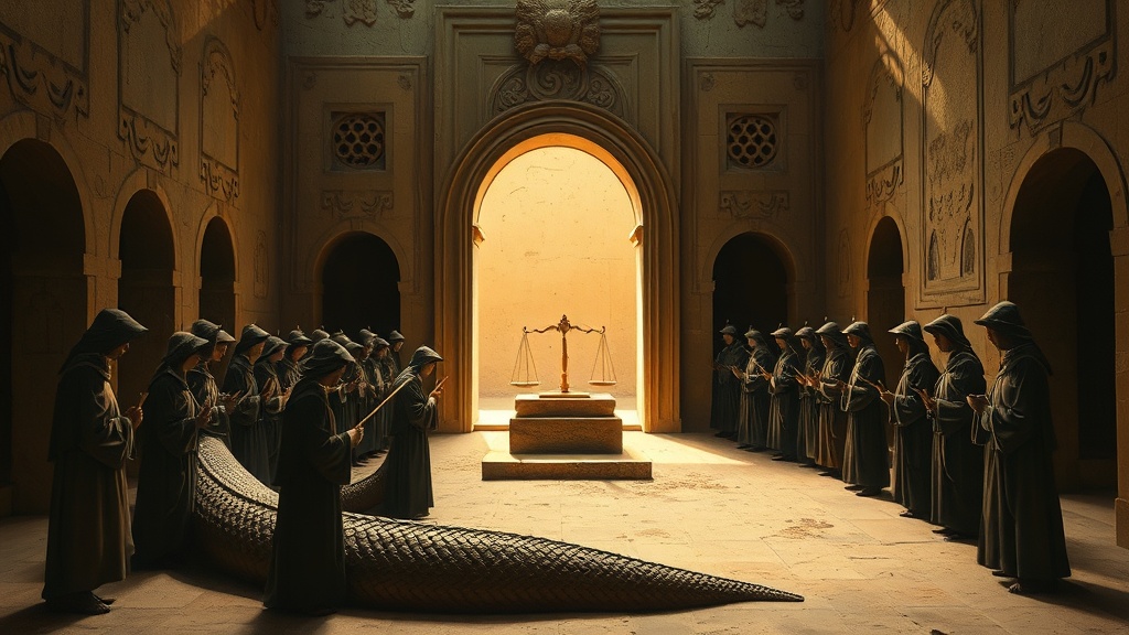 Stone ouroboros carved in a courtyard, its tail a chain of robed figures passing clay tablets in a continuous loop around a sunlit altar holding a wheat stalk and scale.