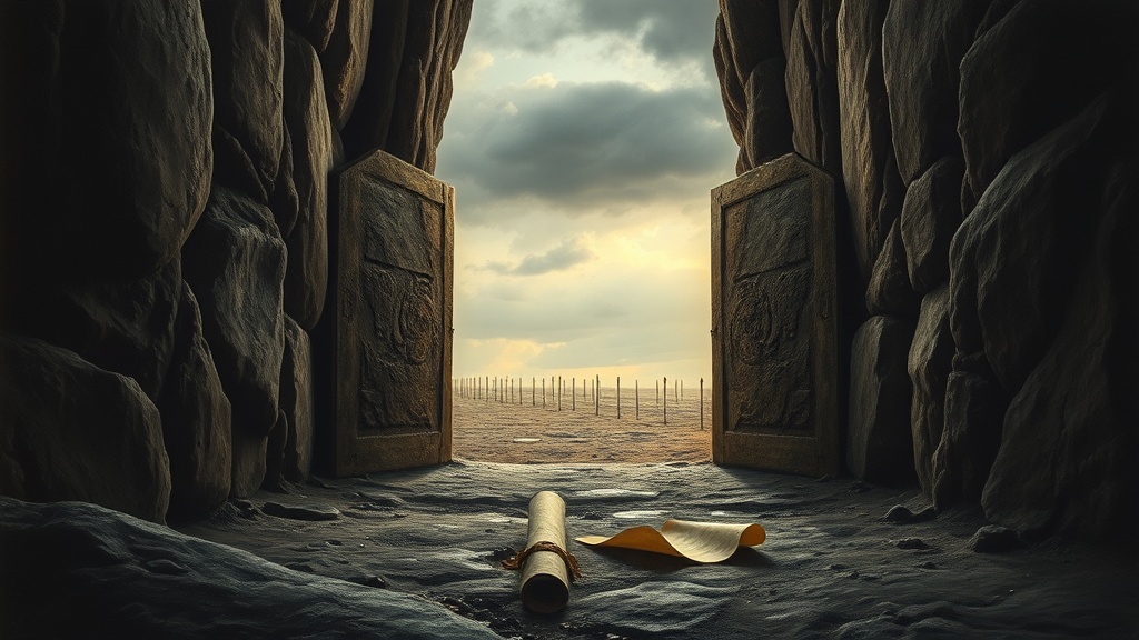 Massive stone doors cracked open in a cliff face, torchlit corridor visible inside, fresh footprints leading to the threshold, and a rolled parchment with broken seal on the ground.