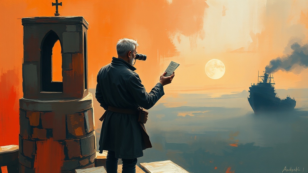 Watchman in a stone tower beside an unlit beacon, holding a small folded paper while a dark shape looms on the horizon behind him.