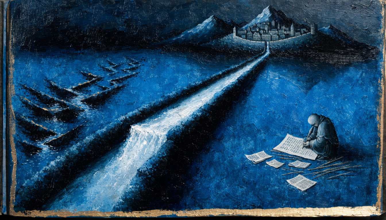 An illuminated manuscript page shows one long unbroken aqueduct carrying water to a walled city, beside a tangle of short leaking irrigation ditches.
