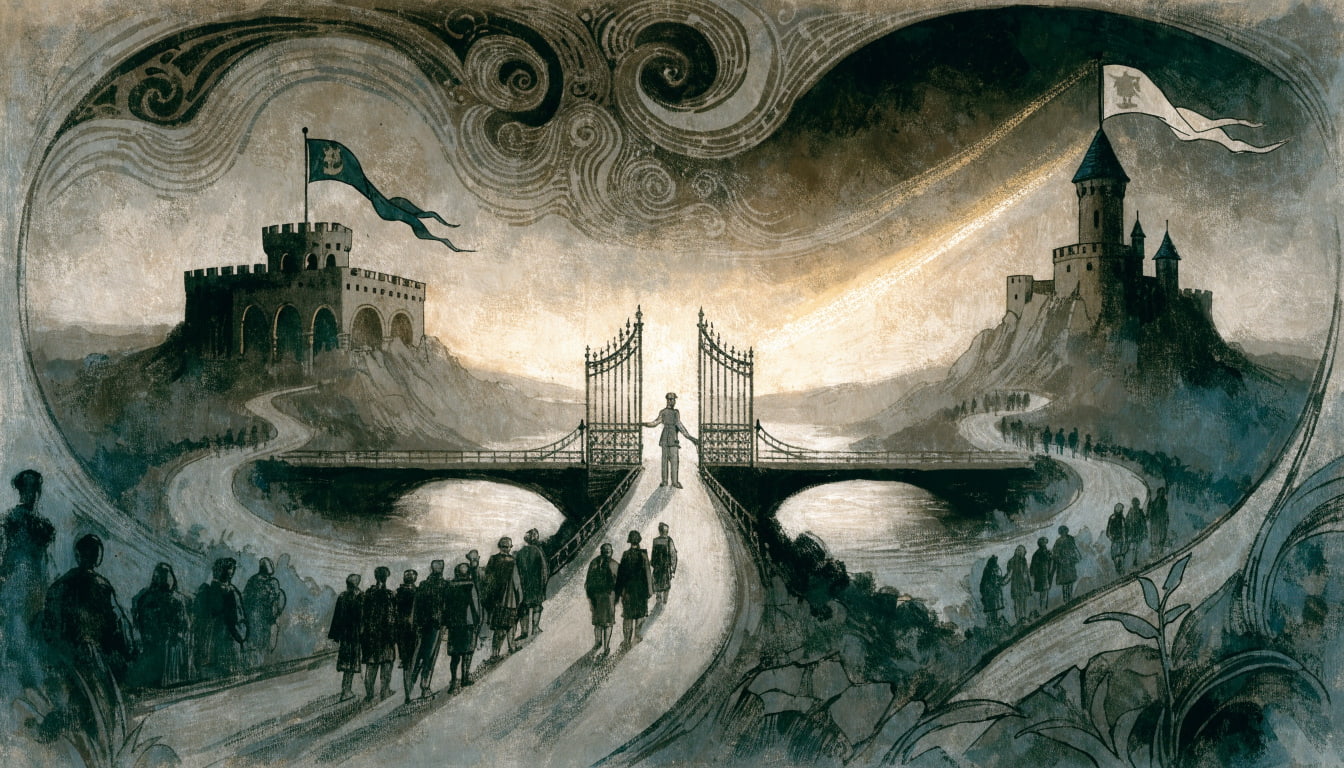 A gatekeeper stands at the center of a stone toll bridge, collecting from travelers on two converging roads, rival fortresses on distant hills.