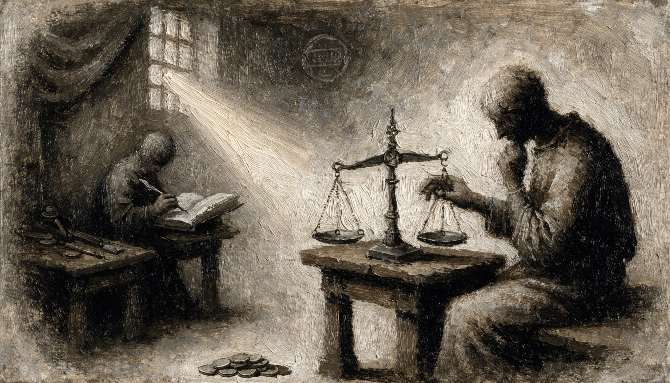 A goldsmith weighs a single coin on a delicate balance scale while a clerk records the weight, a pile of unweighed coins on the floor.