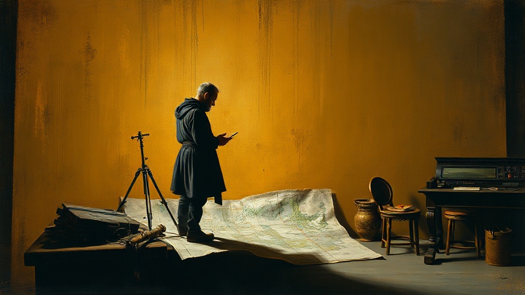 A cartographer on a rocky coastline unrolls a map of uncharted ocean, holding a compass and gold coin, as an old map is torn behind him.