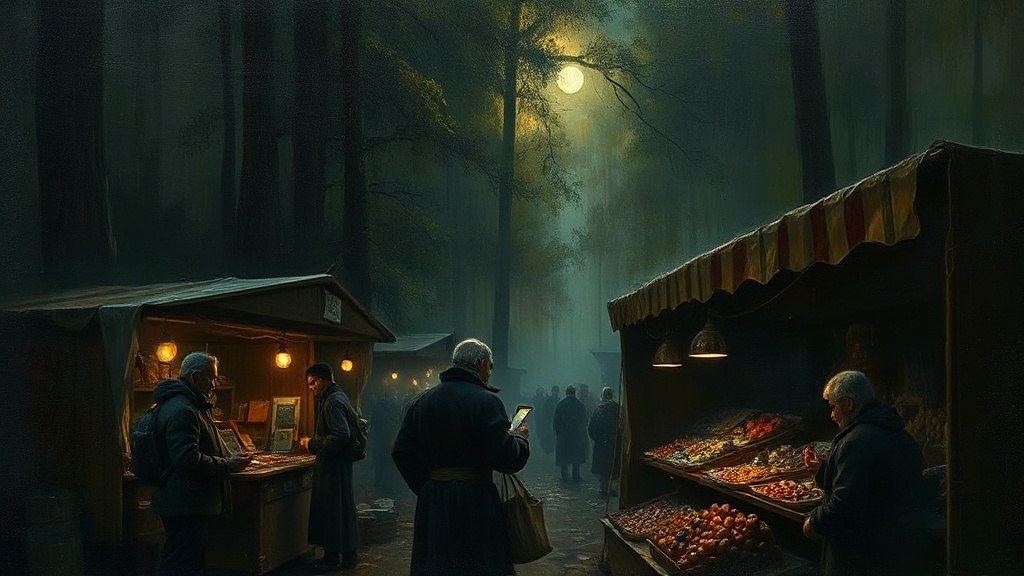 A merchant at a market crossroads places a hand on a gold ingot on a scale, opposite curling, fading paper notes under an overcast sky.