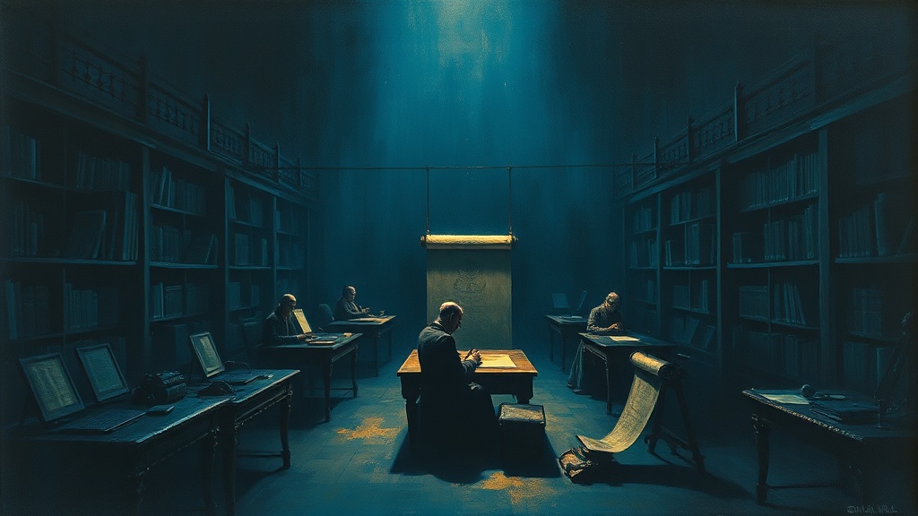 A lone scribe writes on a continuous scroll in a focused beam of light, while dozens of other scribes sit motionless and dusty in the dark behind him.