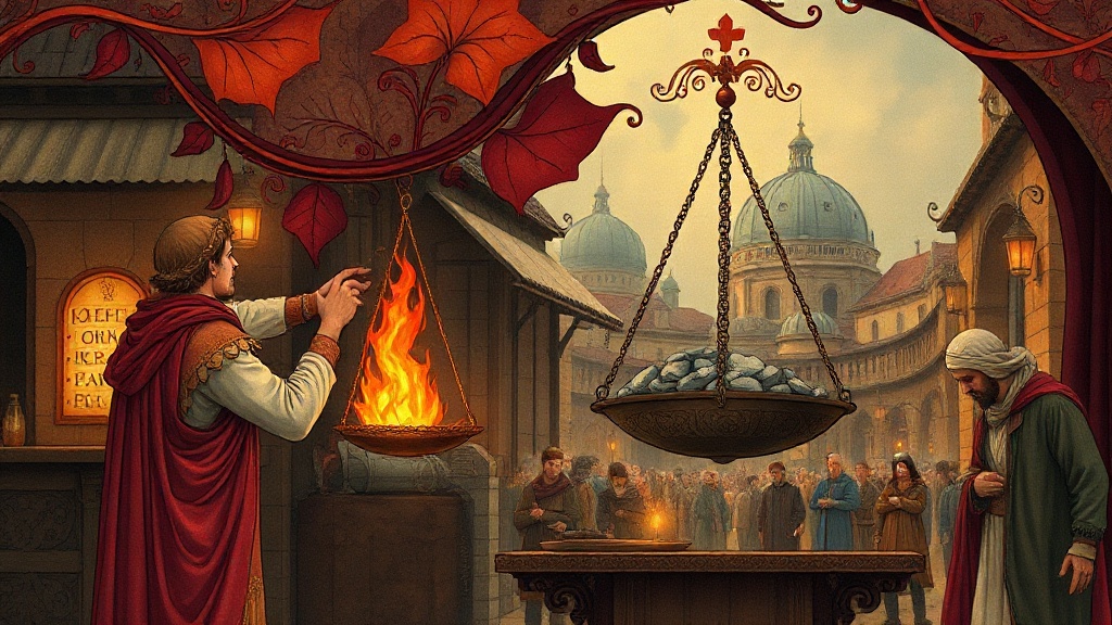A medieval merchant weighs small, bright embers on a delicate scale as a crowd watches; a rival merchant struggles with a scale overflowing with cold, grey stones.