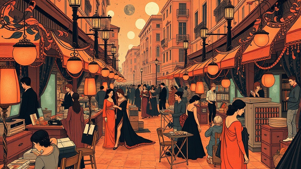 A chaotic Roman forum marketplace where merchants wave contracts and coins, while a woman in the center holds a chained hourglass with sand running fast, representing compressed time and resource reallocation.