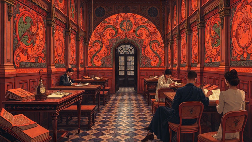 A medieval scriptorium with rows of desks, half empty and dusty, while a mechanical arm writes on parchment as scribes watch with curiosity and unease.