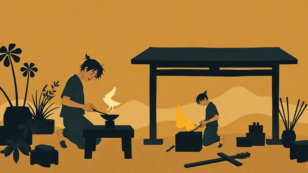 Two blacksmiths on opposite cliffs of a deep chasm forge a delicate golden gear and a crude iron cog, connected by a fraying rope bridge of communication wire.