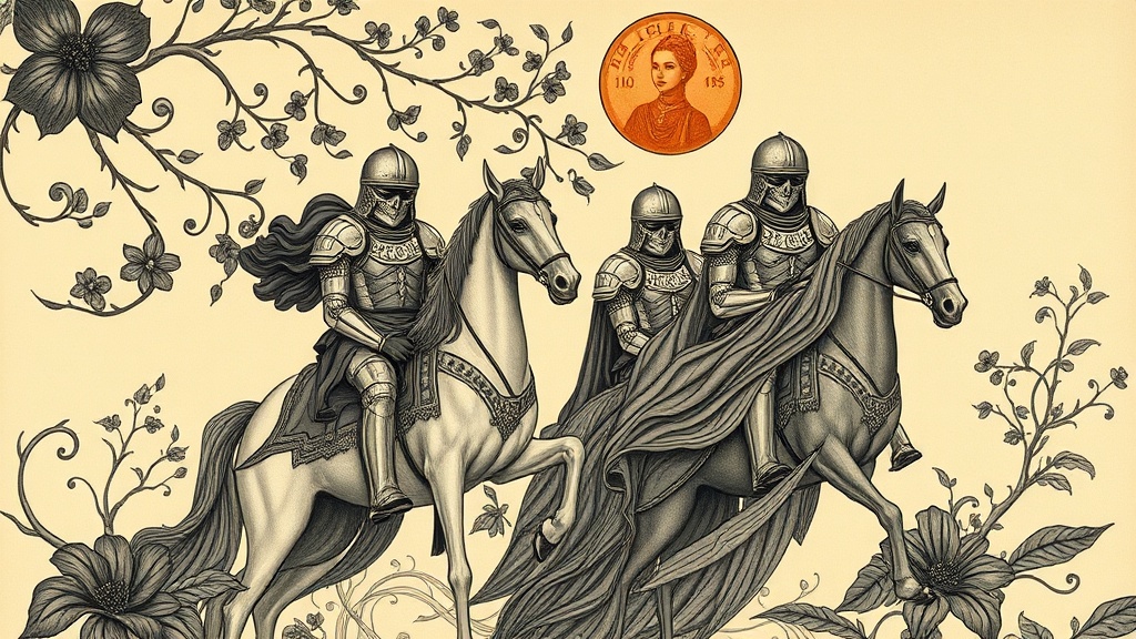 Knights and merchants around a round table shift gold coins from a cracked tower banner to a sun banner, representing capital moving from fission to fusion.