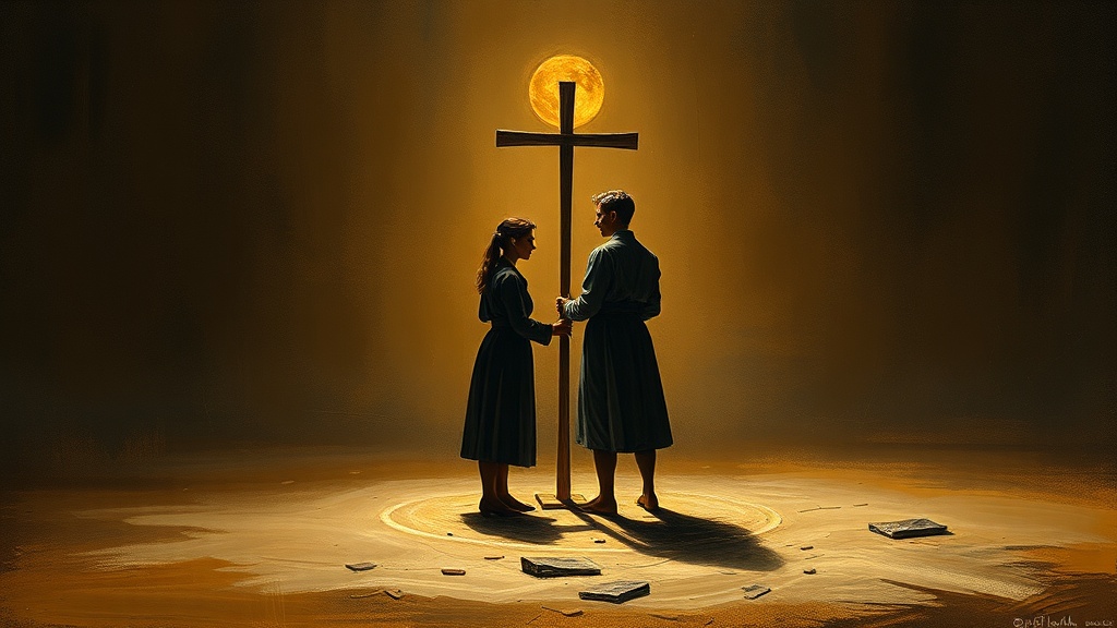 Two figures at a misty crossroads point to a stone bridge and a fortified gate, symbolizing different regulatory paths for fusion and fission.