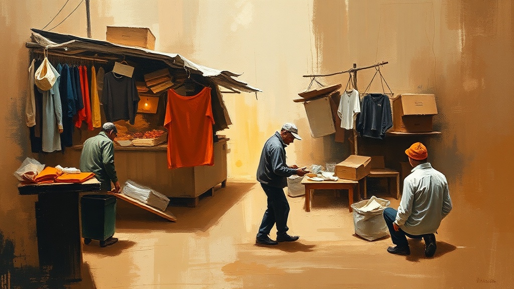 A merchant at a crossroads market weighs a glowing gem against coins on a scale, with one path leading to a fortified city and the other into a dark forest, as buyers and sellers watch.