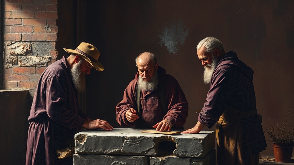 Three stone masons work on a cracked, crumbling bridge spanning a dark chasm; one holds a disintegrating blueprint, another carries stone, a third mixes leaking mortar.