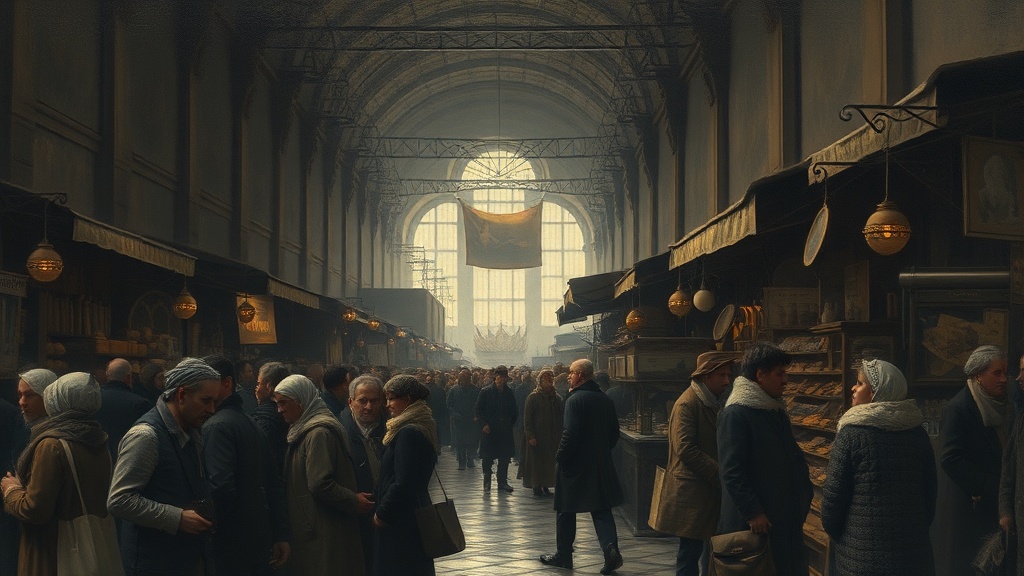 A crowded crossroads marketplace where merchants weigh gold on scales as a messenger arrives on horseback with a scroll, while a storm cloud looms in the background.